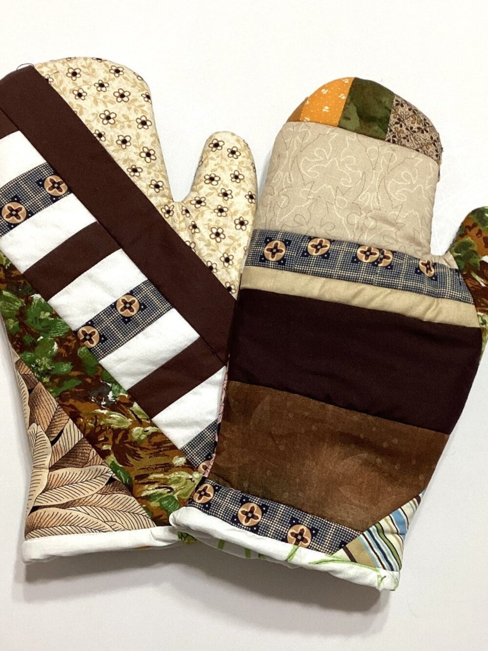 Handmade Scrappy Brown Cotton Oven Mitts Kitchen Linens Cooking